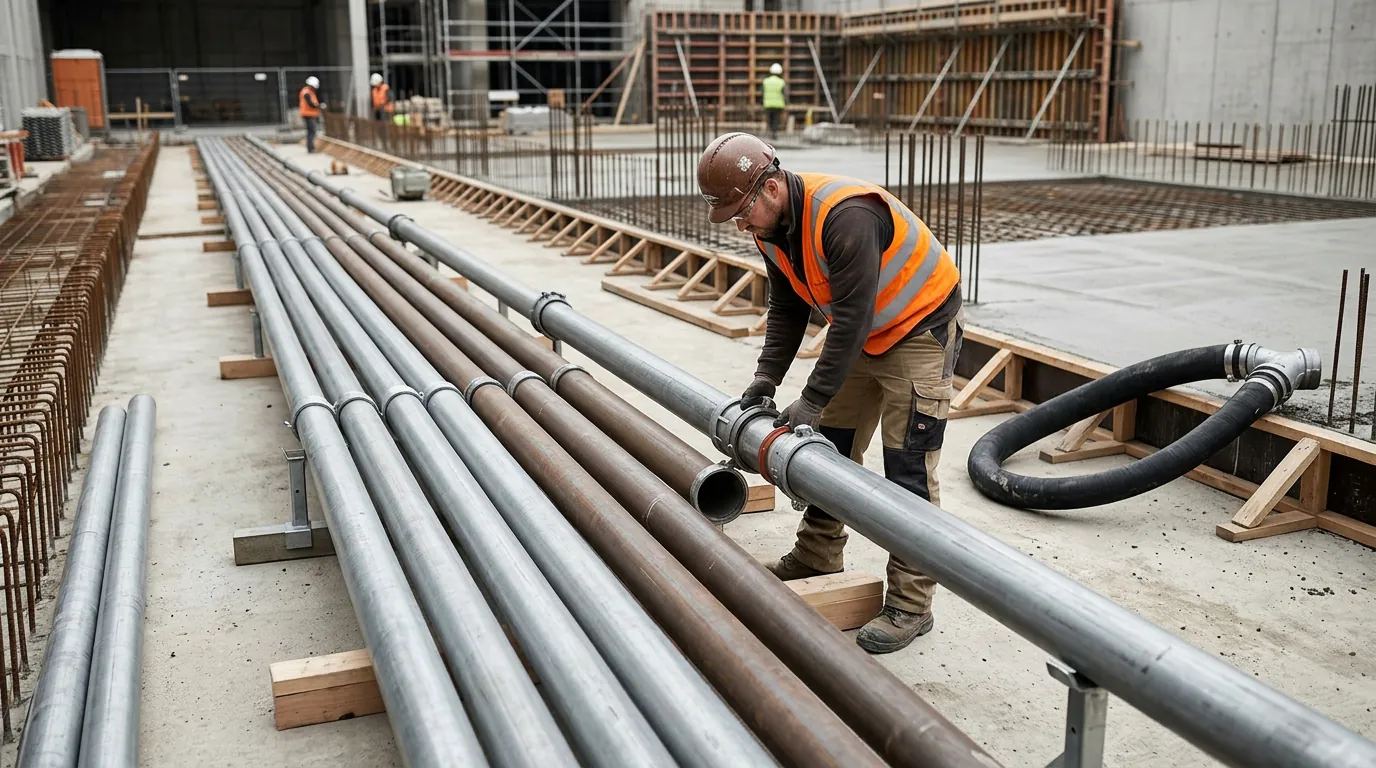 Operario preparando el tendido de tuberías de acero y manguera final para una bomba estática de hormigón