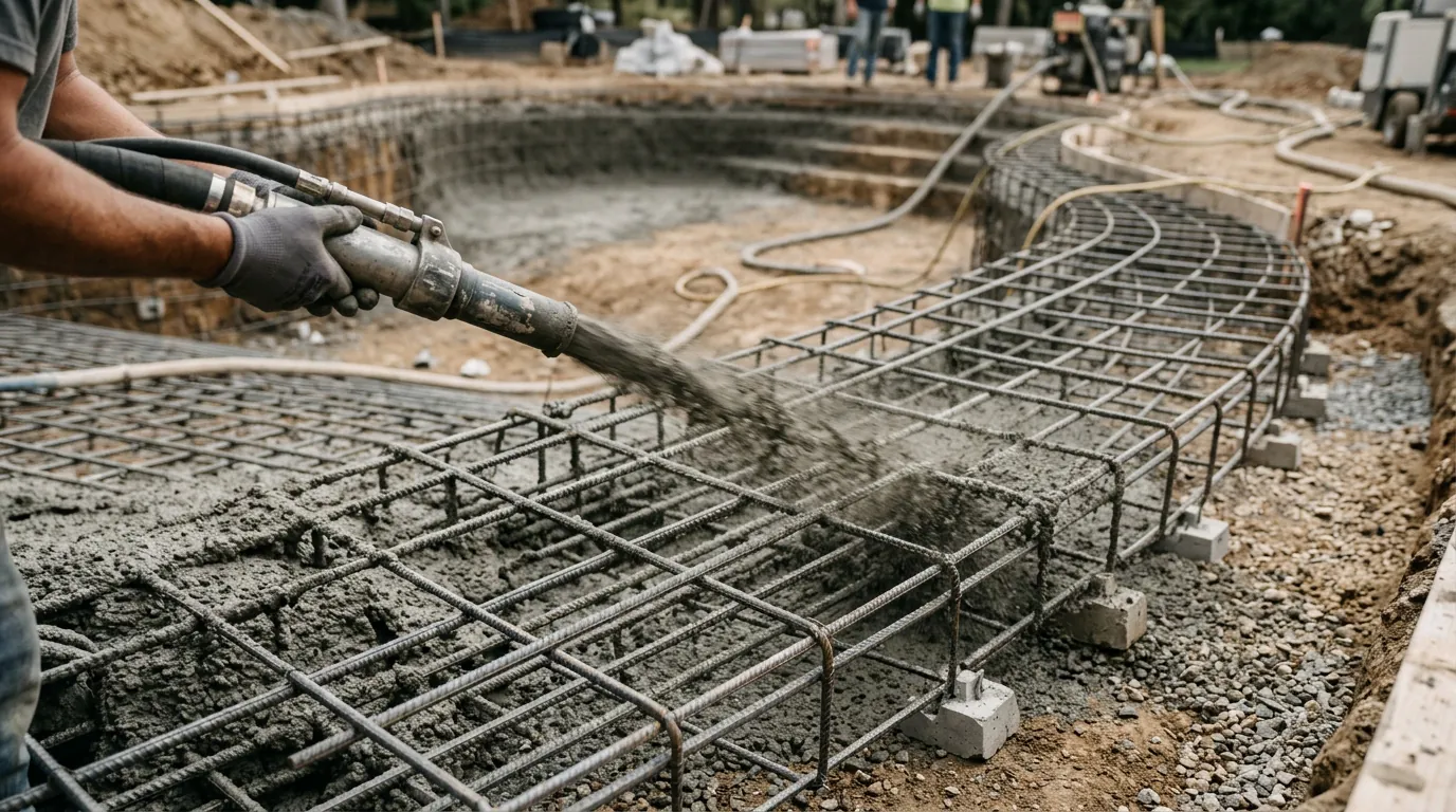 Detalle de la proyección de hormigón gunitado sobre la armadura de acero en una piscina en construcción