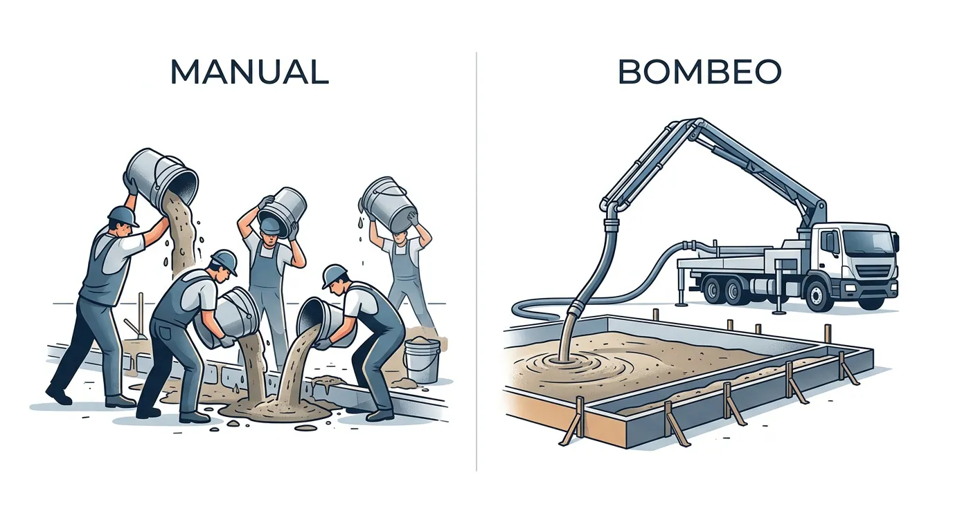 Esquema conceptual que compara el vertido manual frente al bombeo de hormigón con maquinaria profesional