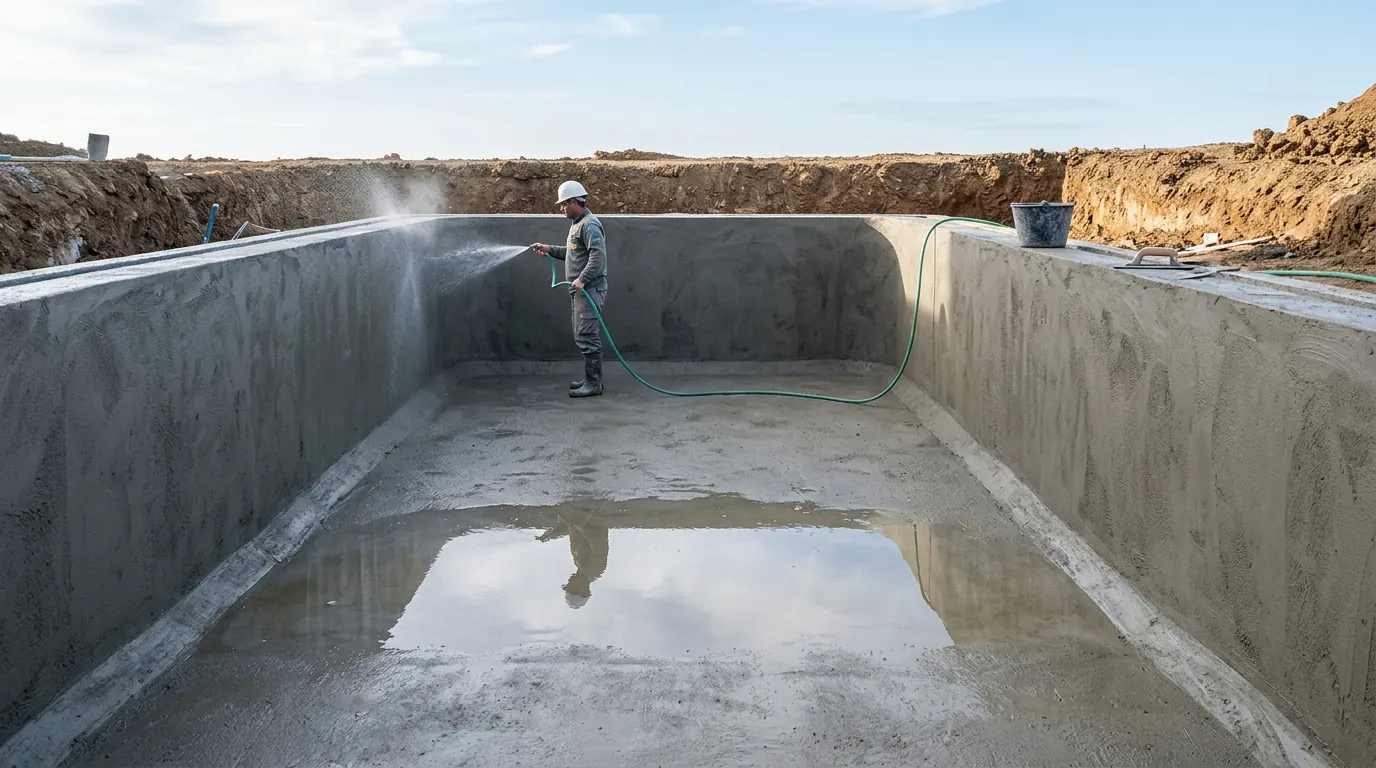 Piscina de hormigón gunitado durante el curado húmedo, con operario manteniendo la superficie mojada