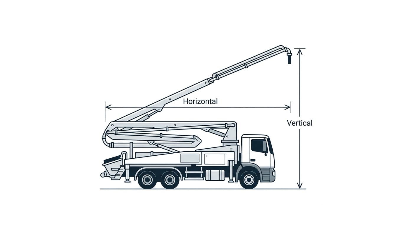Diagrama que muestra la diferencia entre alcance horizontal y vertical en el bombeo de hormigón.